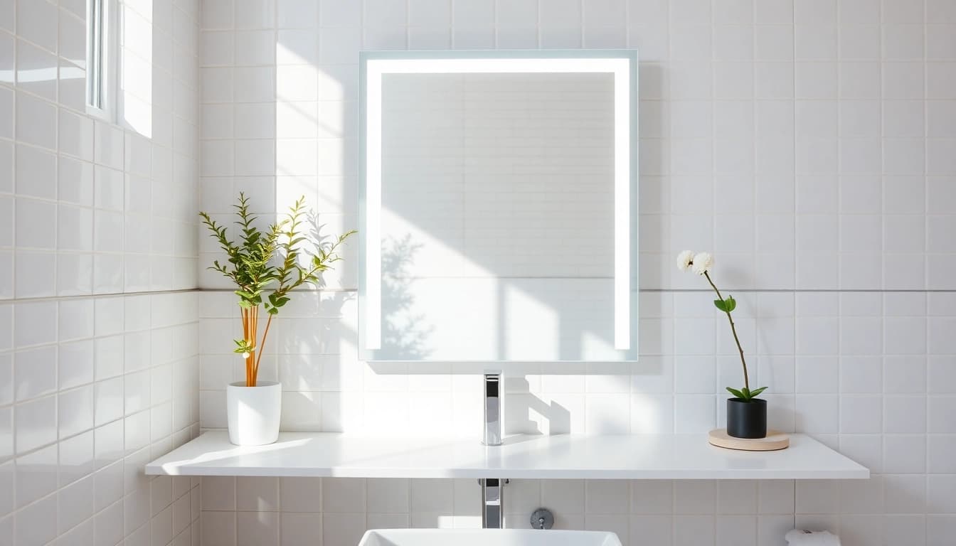 Admire the elegant LED mirror highlighting its sleek design in a modern bathroom setting.
