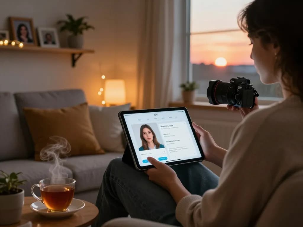 Engaging with an AI gf application in a cozy living room environment.