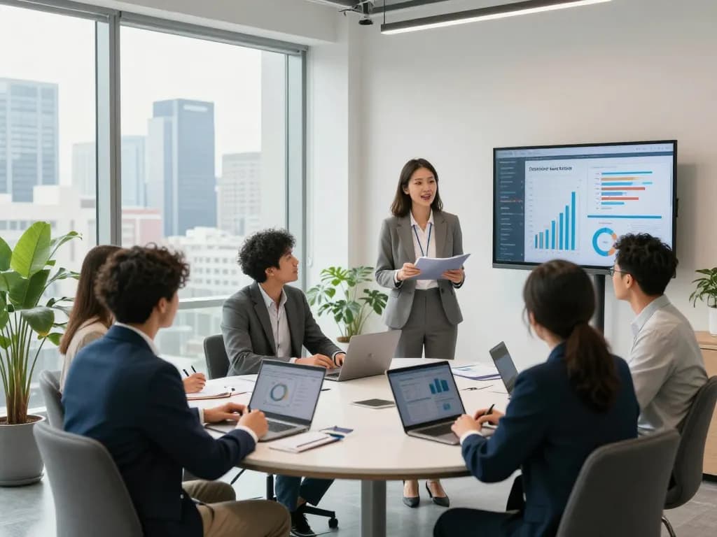 Diverse team in a modern office discussing effective search firms strategies and data analytics during a meeting.