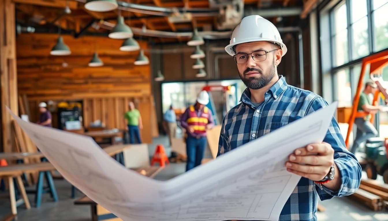 Restaurant buildout contractor Austin supervising a busy construction site with detailed plans.