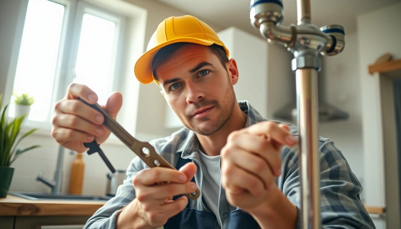 Plumber near me repairing a leak with tools in a modern kitchen setting.