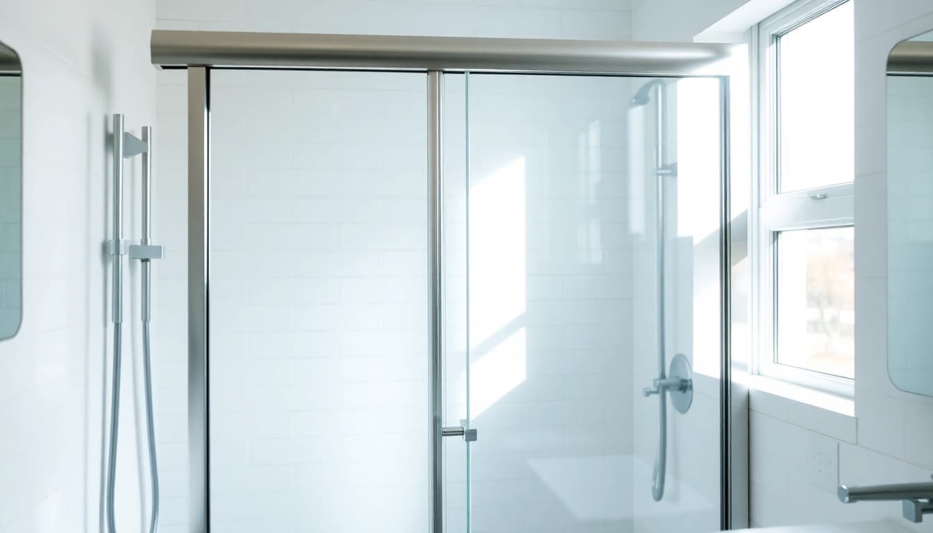 Showcase a stylish shower screen sliding door elegantly framed in a modern bathroom setting.