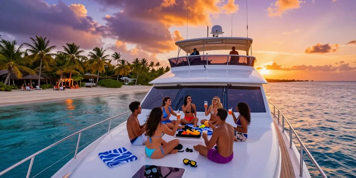 Punta Cana yacht rental experience with friends celebrating on a private yacht during sunset.