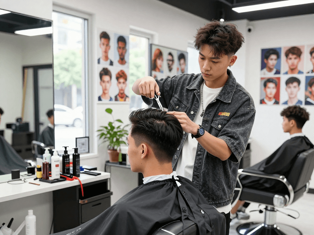 ROKOK88 barber shop scene with stylish haircut being done in a modern salon