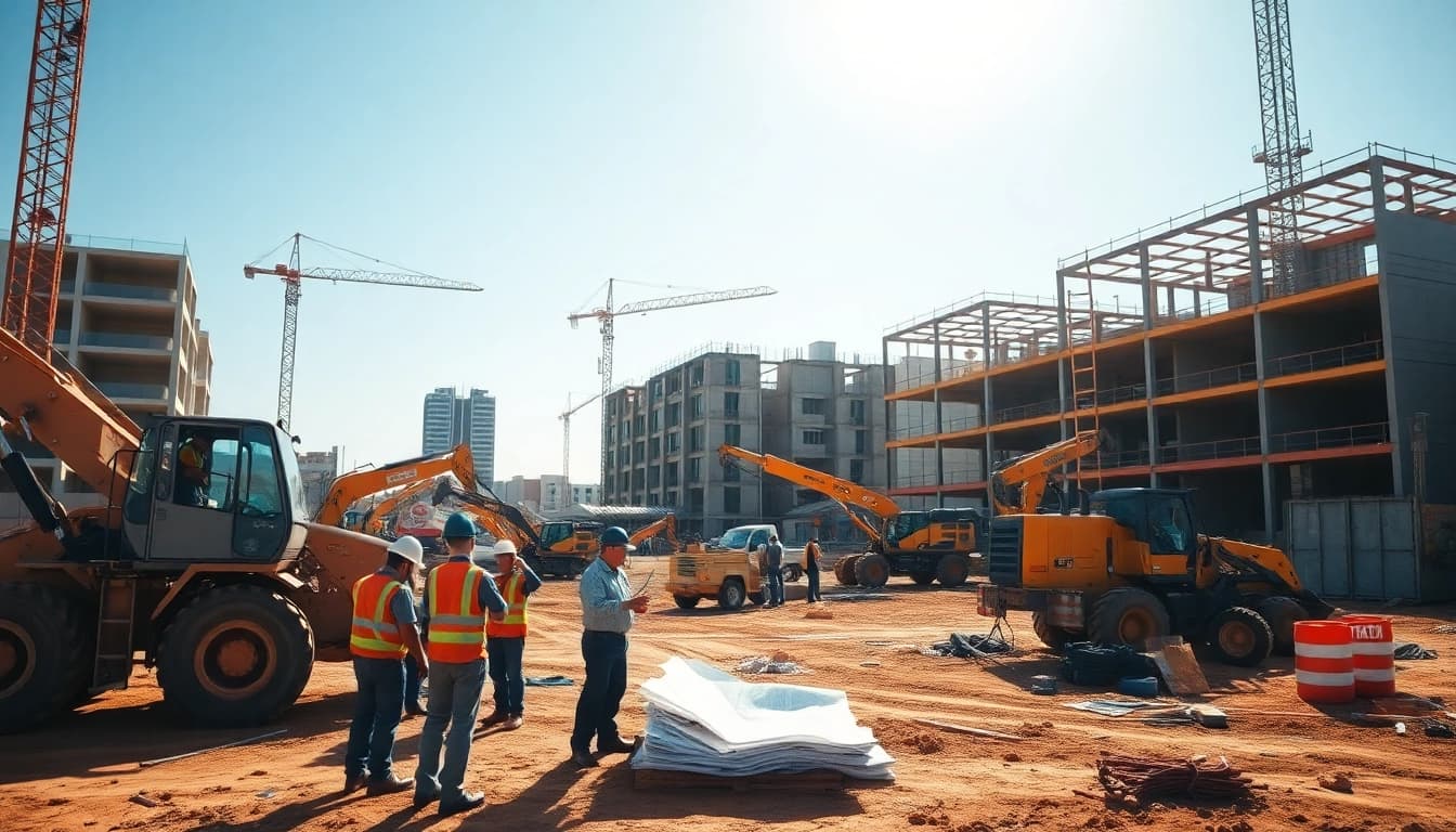 Engaging scene of Carolina construction news with workers planning and vibrant machinery.
