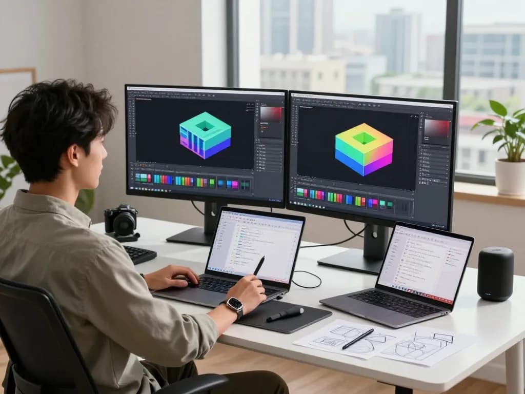 Designer using text to cad software in modern workspace with dual monitors.