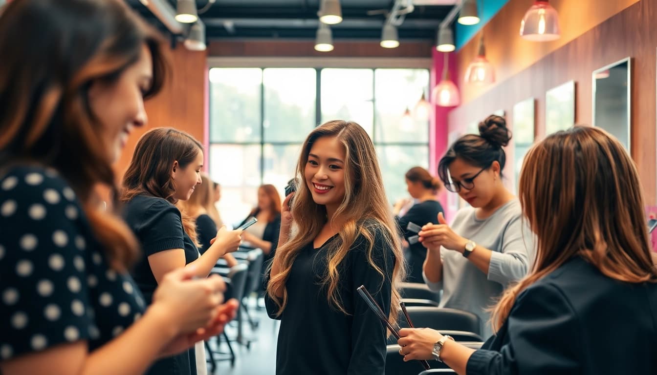 A vibrant scene depicting award winning hair salons with skilled stylists and clients enjoying luxury hair transformations.