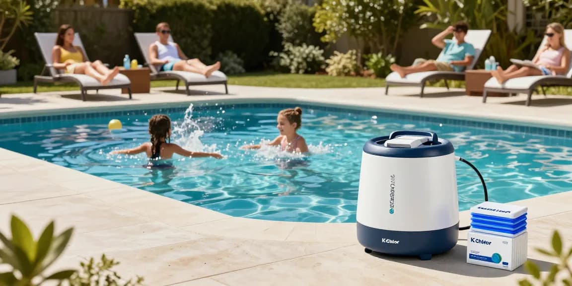 best chlorinator for inground pools shown in vibrant backyard pool scene with family enjoying summer