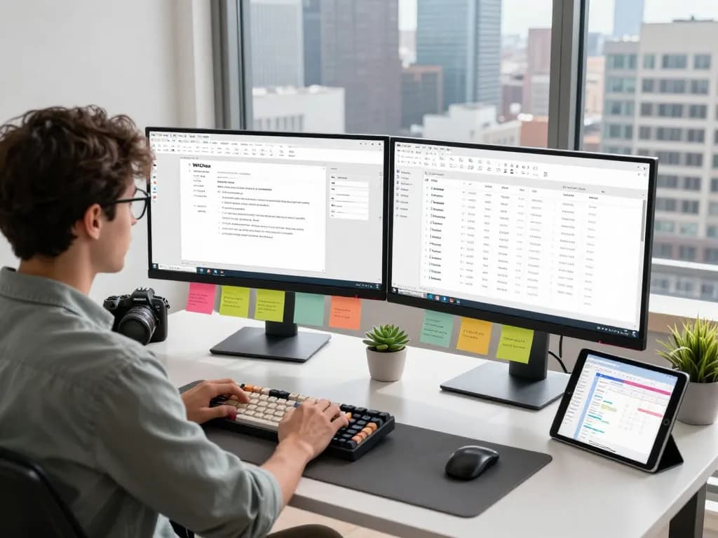 WPS 下载 interface shown on modern workspace monitors with productivity tools and a stylish setup