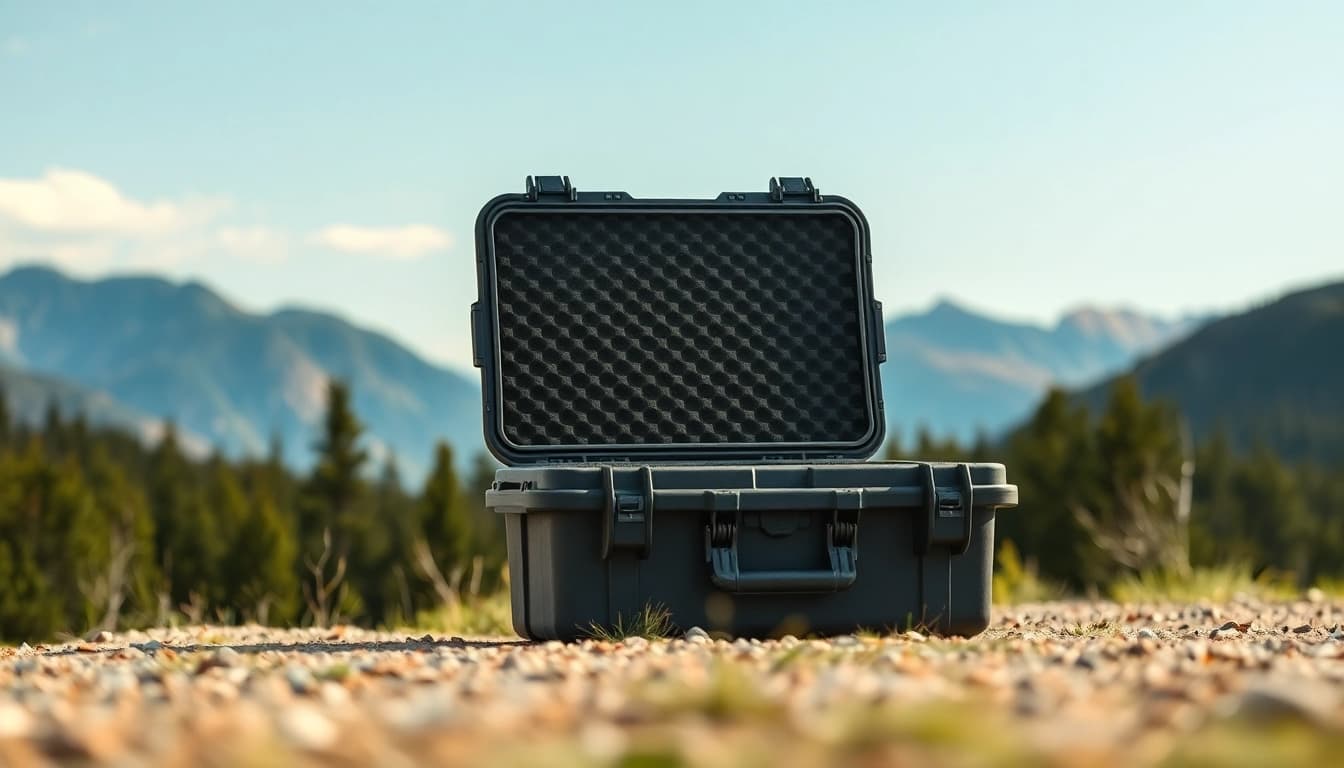 Pelican gun case for sale showcased outdoors, emphasizing rugged design and protective quality.
