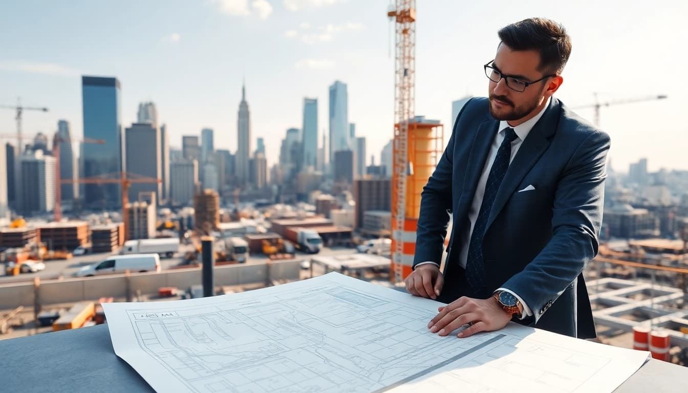 New York City Construction Manager supervising a vibrant construction site with skyscrapers.