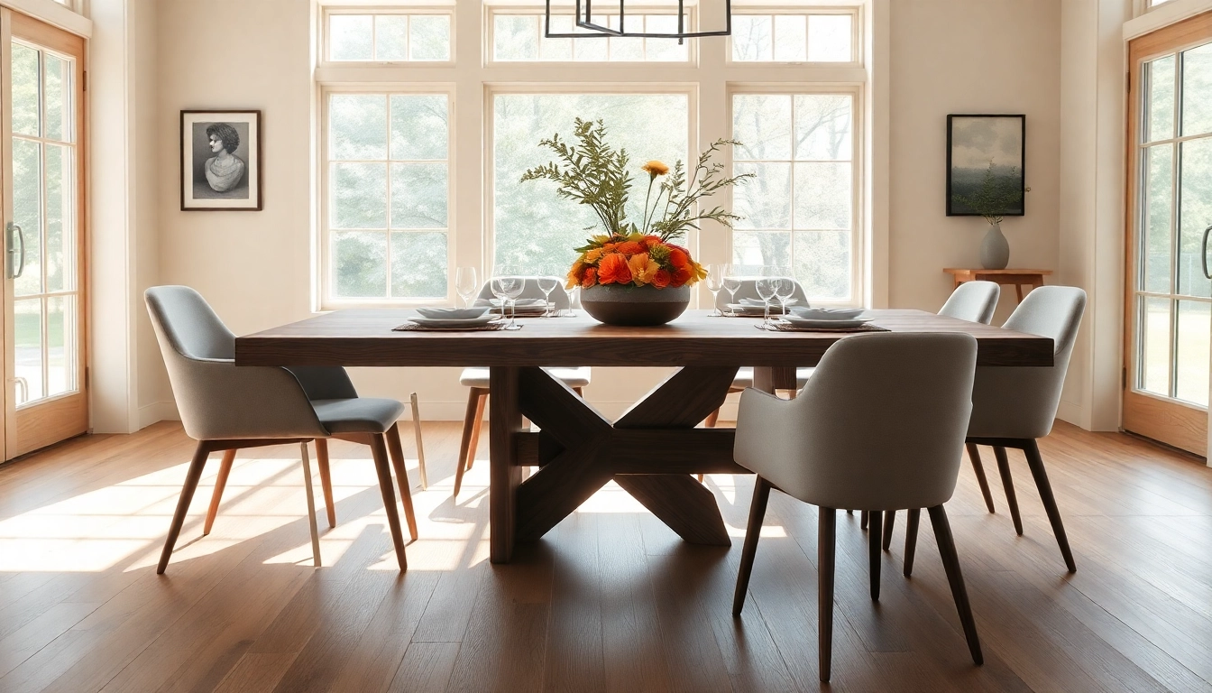 Handcrafted dining table showcasing solid American hardwoods with stylish chairs in a bright, elegant dining room.