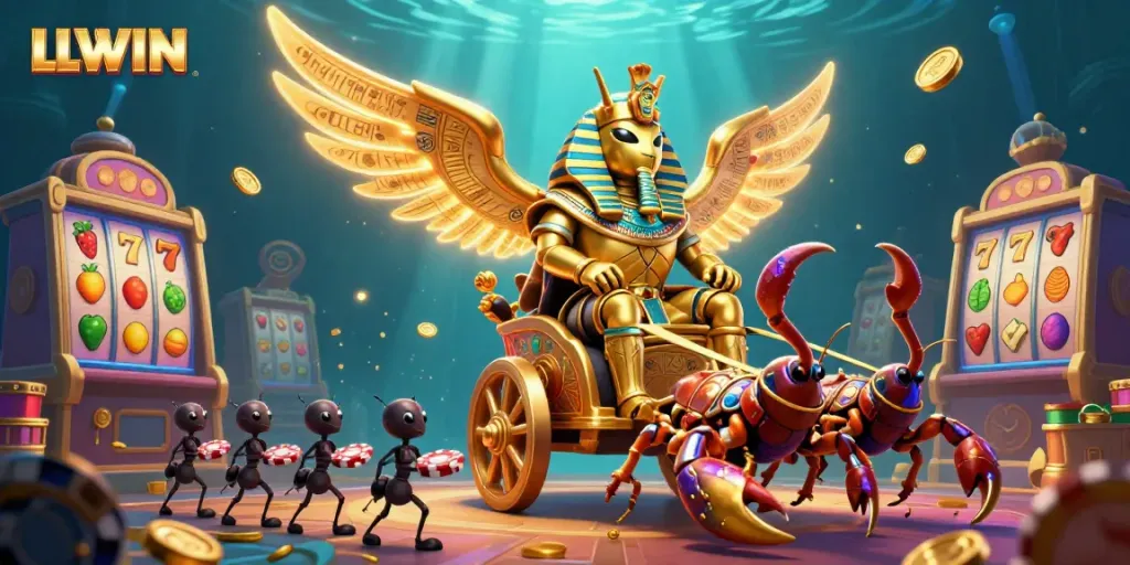 Engage with LLWIN through dynamic casino action featuring a golden beetle chariot and vibrant slot elements.