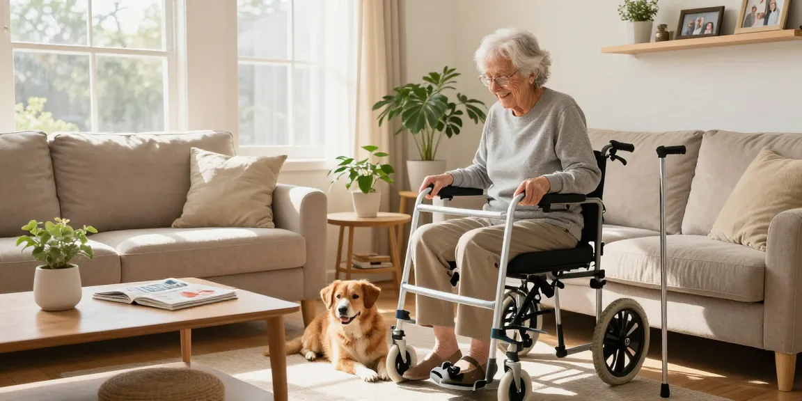 Buy nobility aids with a warm scene of an elderly person in a cozy living room using mobility devices.