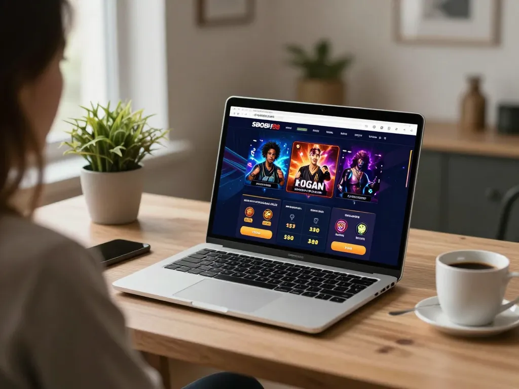 Antarmuka taruhan SBOBET88 ditampilkan di laptop di ruang kerja modern