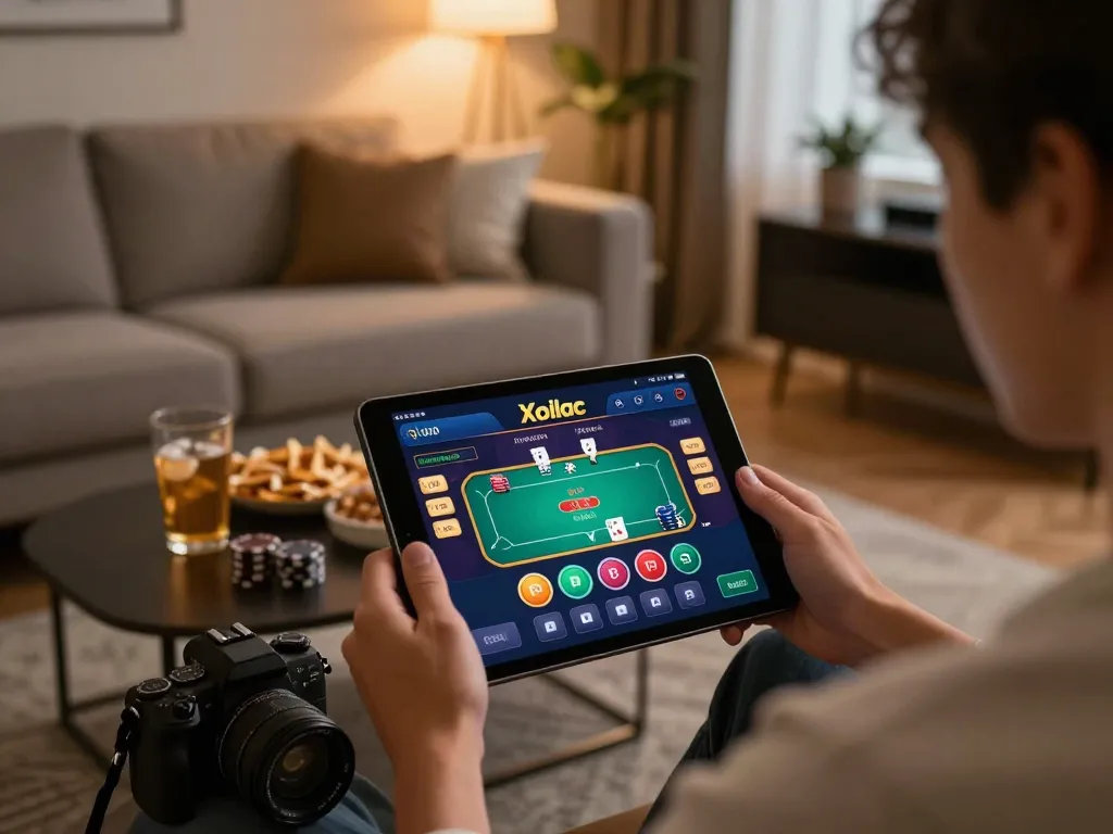 Xoilac user engaging in online gambling with tablet, showcasing strategic gameplay and warm atmosphere