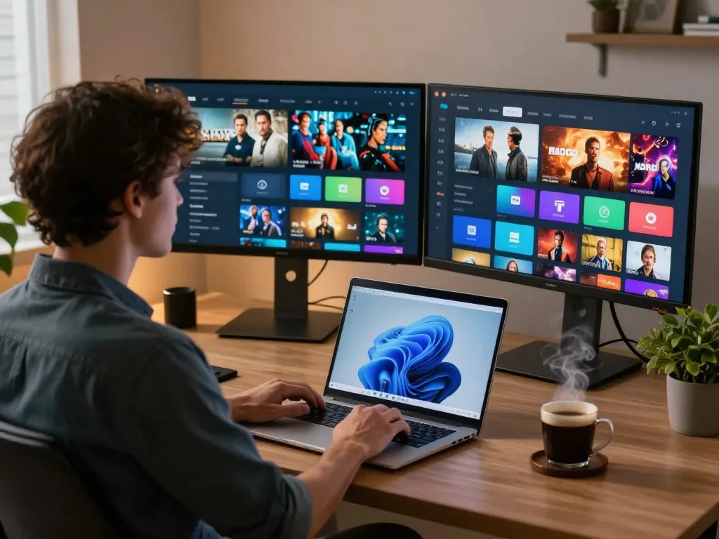 Person using IPTV player windows on a laptop in a modern workspace with comfortable ambiance.