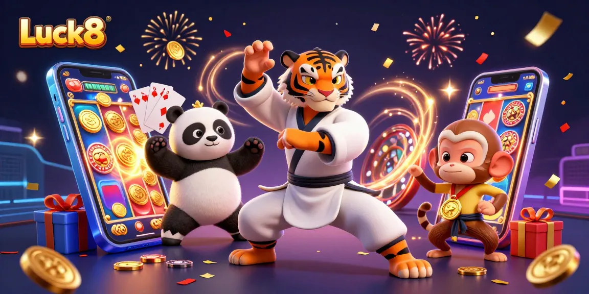 Luck8 showcases exciting gameplay with a kung fu tiger master and friends in a vibrant casino scene.