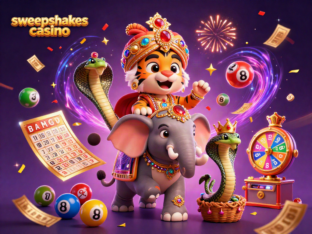 Experience the excitement of sweepstakes casino with vibrant lottery elements and festive characters.