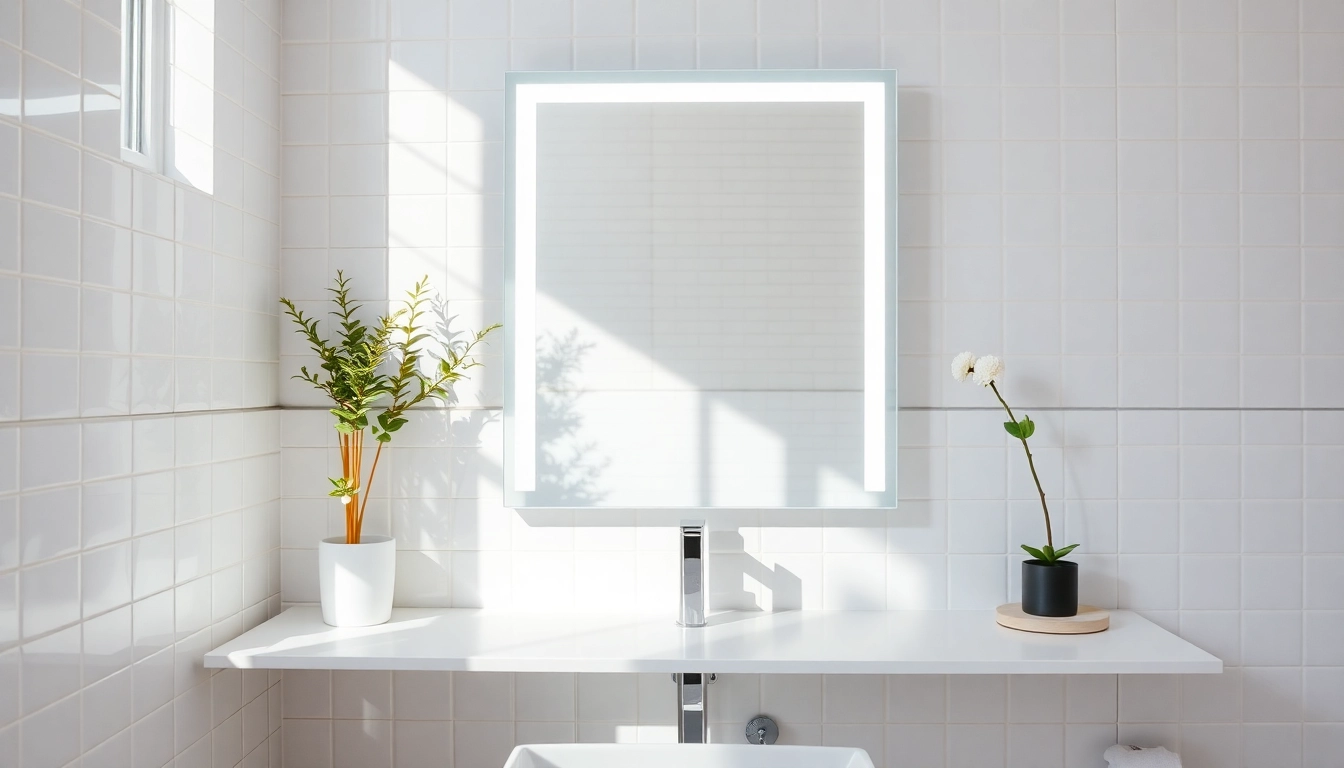 Admire the elegant LED mirror highlighting its sleek design in a modern bathroom setting.