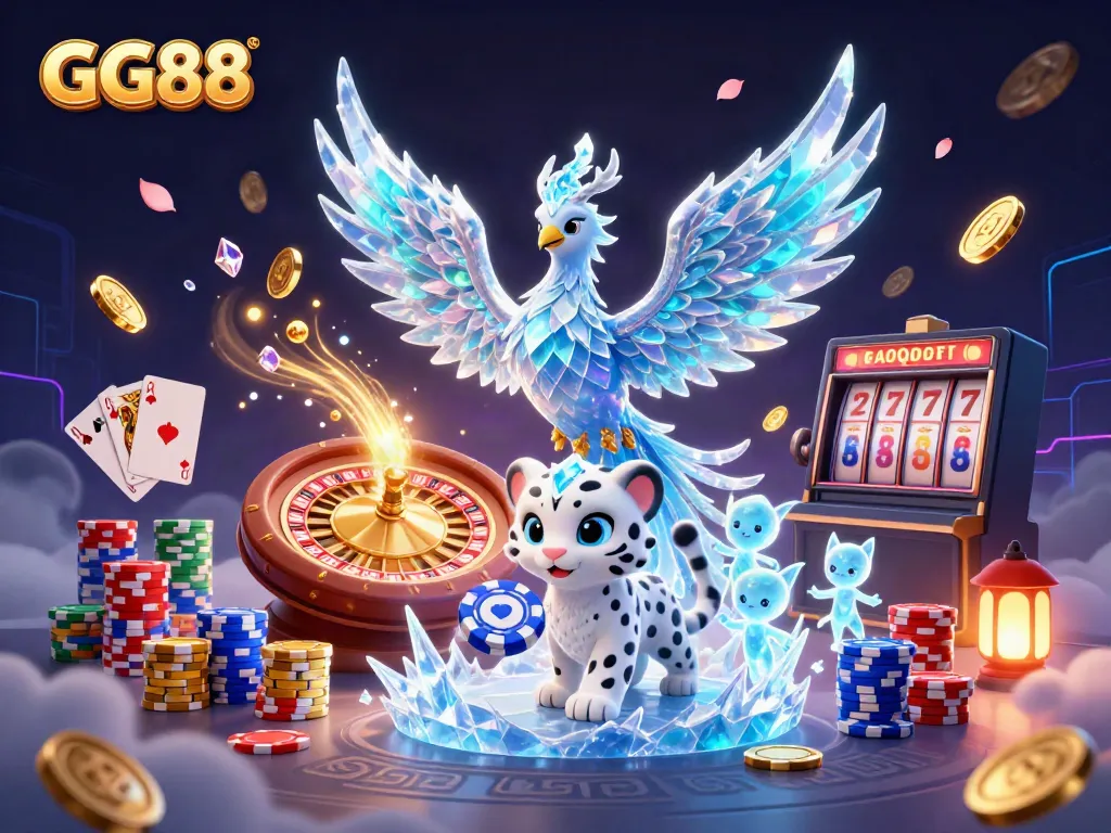 Experience the excitement of GG88 with a captivating 3D illustration featuring an ice phoenix and lively gaming elements.