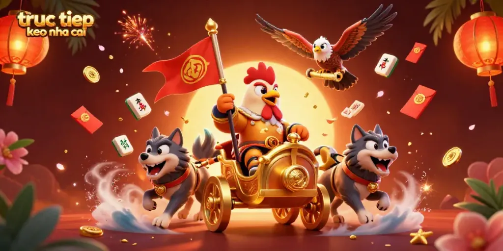Engage with the vibrant world of truc tiep keo nha cai featuring a rooster warlord and his chariot.
