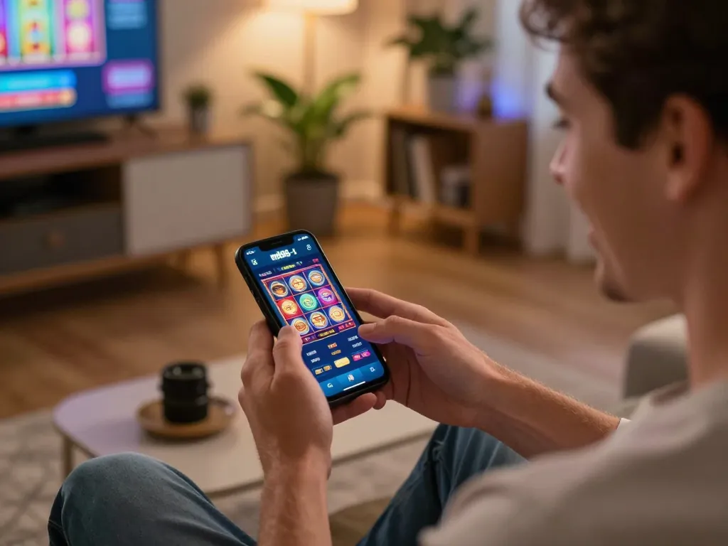 Engaging in the mb66-t casino app, a player enjoys a thrilling online gaming experience in a modern living room.