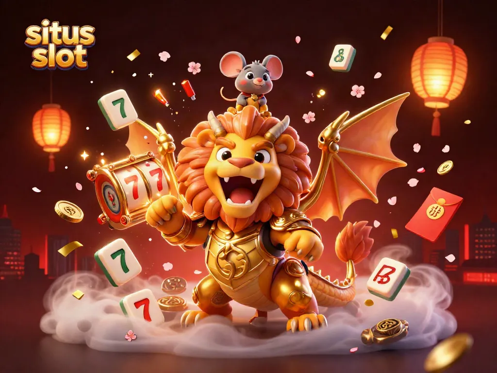 Experience top situs slot action with this vibrant scene of a roaring chimera and vibrant slot elements.