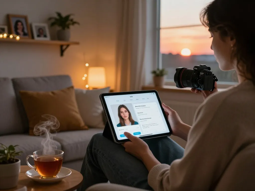 Engaging with an AI gf application in a cozy living room environment.