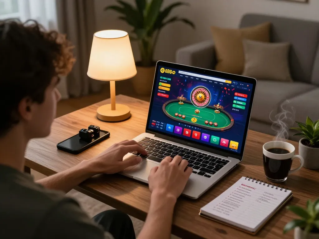 Engaging with ee88go on a laptop for an exciting online gambling session in a cozy home environment.