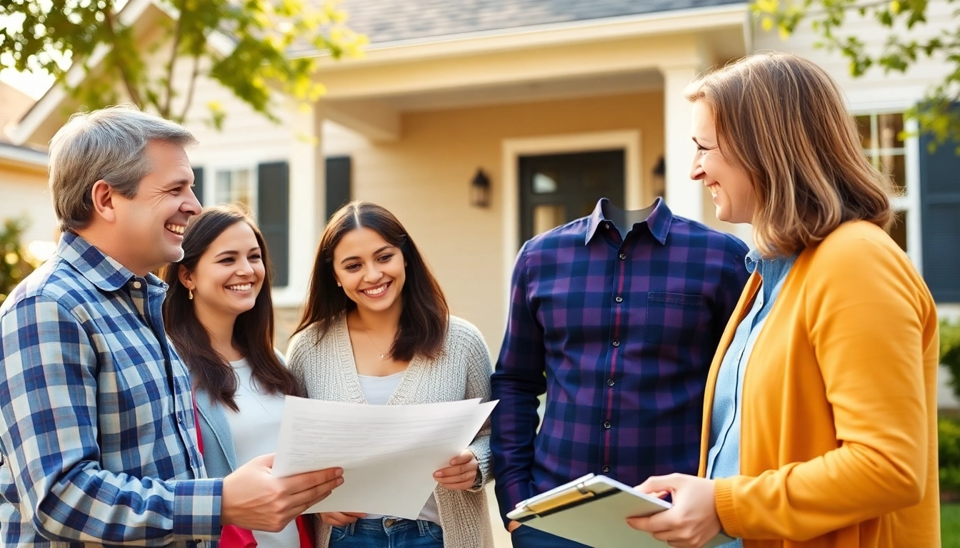 Home warranty benefits showcased by a family happily discussing house maintenance with an inspector.