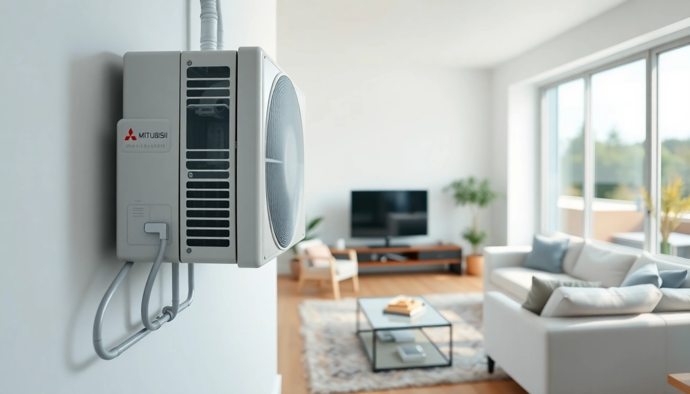 Showcasing a Mitsubishi mini split AC unit in a stylish living room, emphasizing modern and efficient cooling.