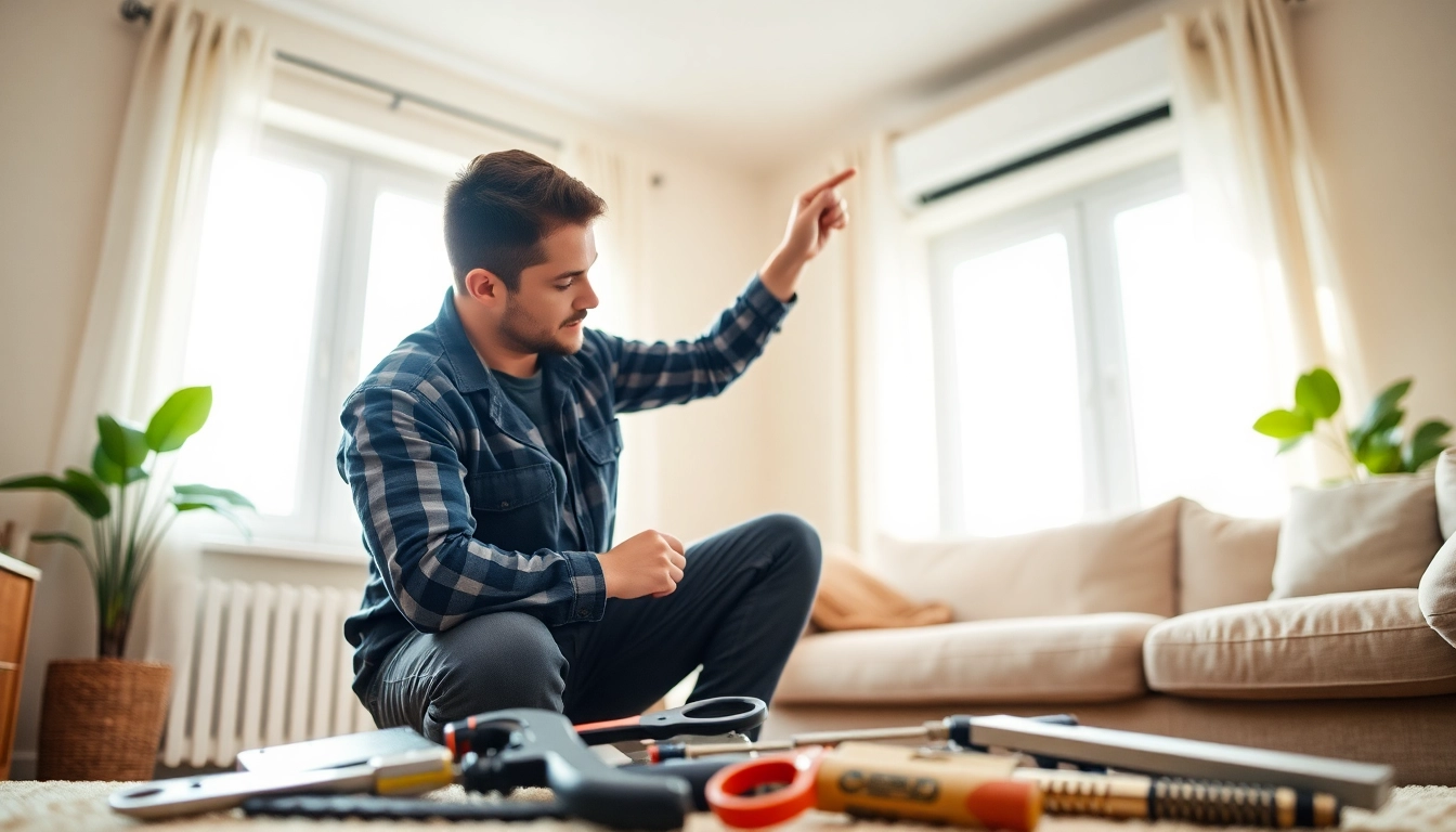 Emergency hvac repair bc technician fixing heating unit in a bright living room
