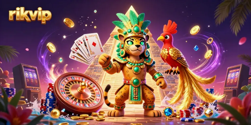 Engage in thrilling gameplay with rikvip in a vibrantly chaotic casino scene filled with golden coins and games.