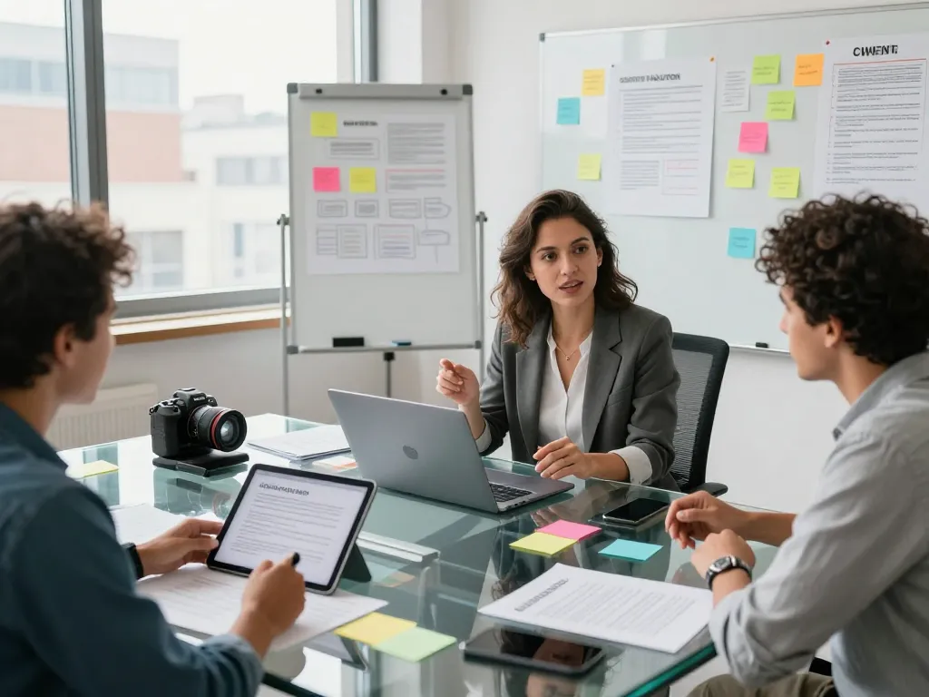 Collaboration in a professional workspace focused on NSFW content moderation strategies among a diverse team.