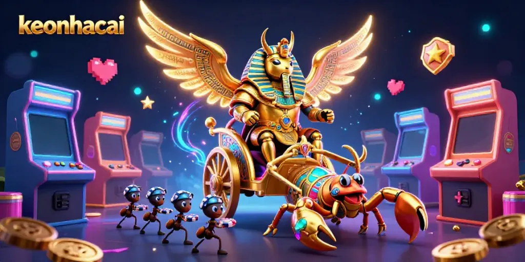 Engage with keonhacai's dynamic gambling universe, featuring a colossal scarab beetle and exciting casino visuals.