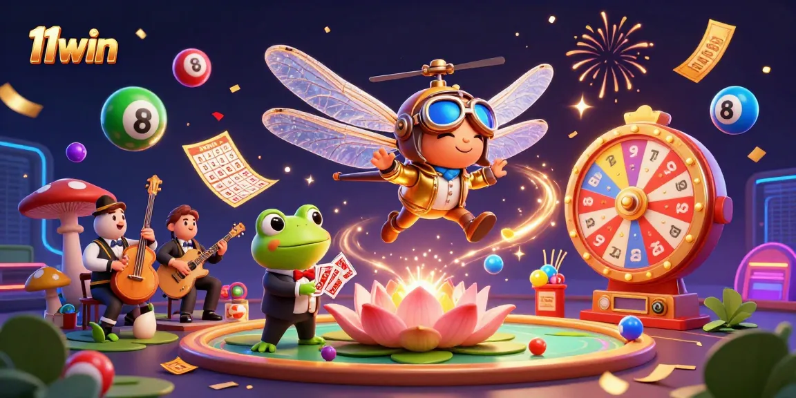 Engage with 11win's vibrant casino scene featuring a lively dragonfly pilot and frog croupier.