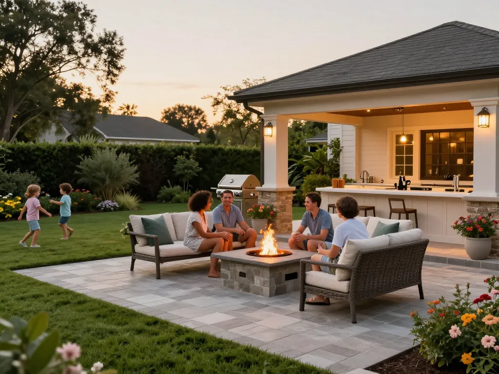 Pavers near me showcased in an elegant outdoor family patio with a fire pit and lush greenery.