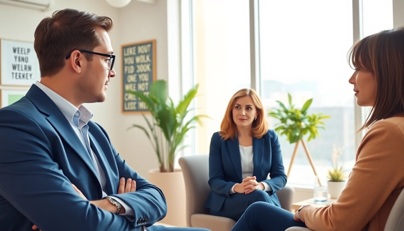 Empowering career coaching session uplifting clients in a modern office.