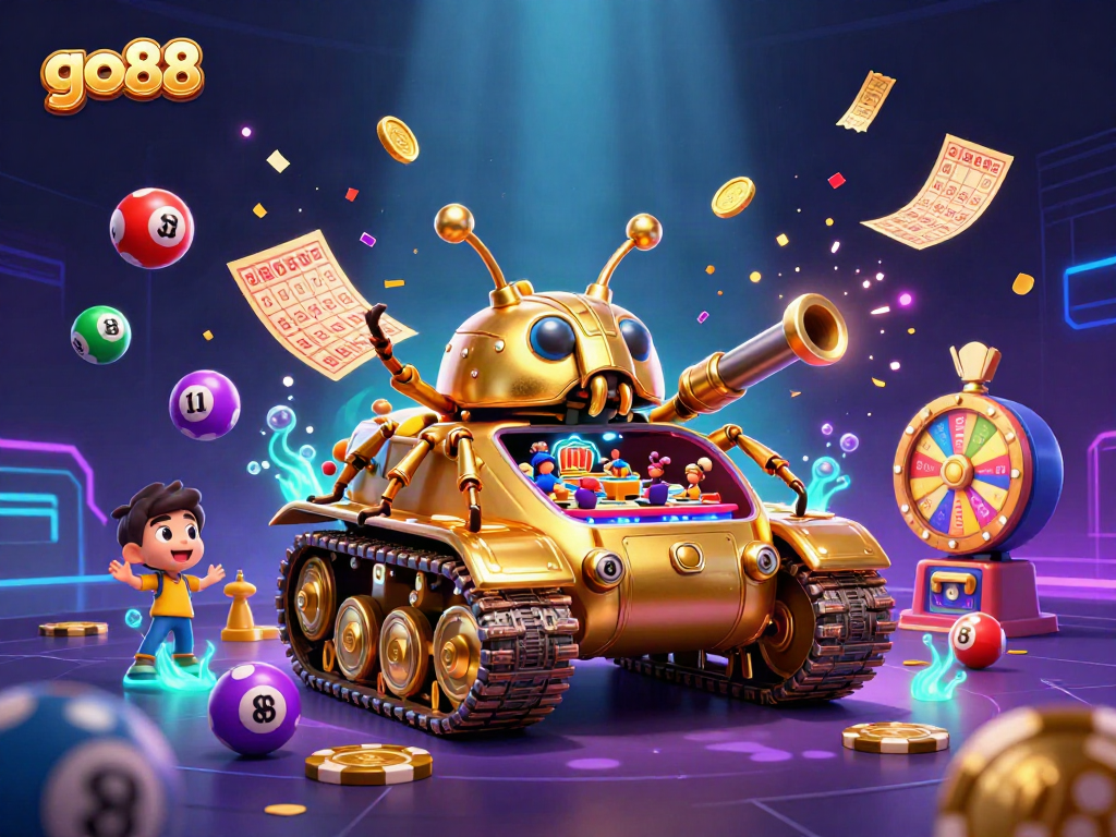 Experience the excitement of go88 with a vibrant 3D casino scene and dynamic elements showcasing lottery features.