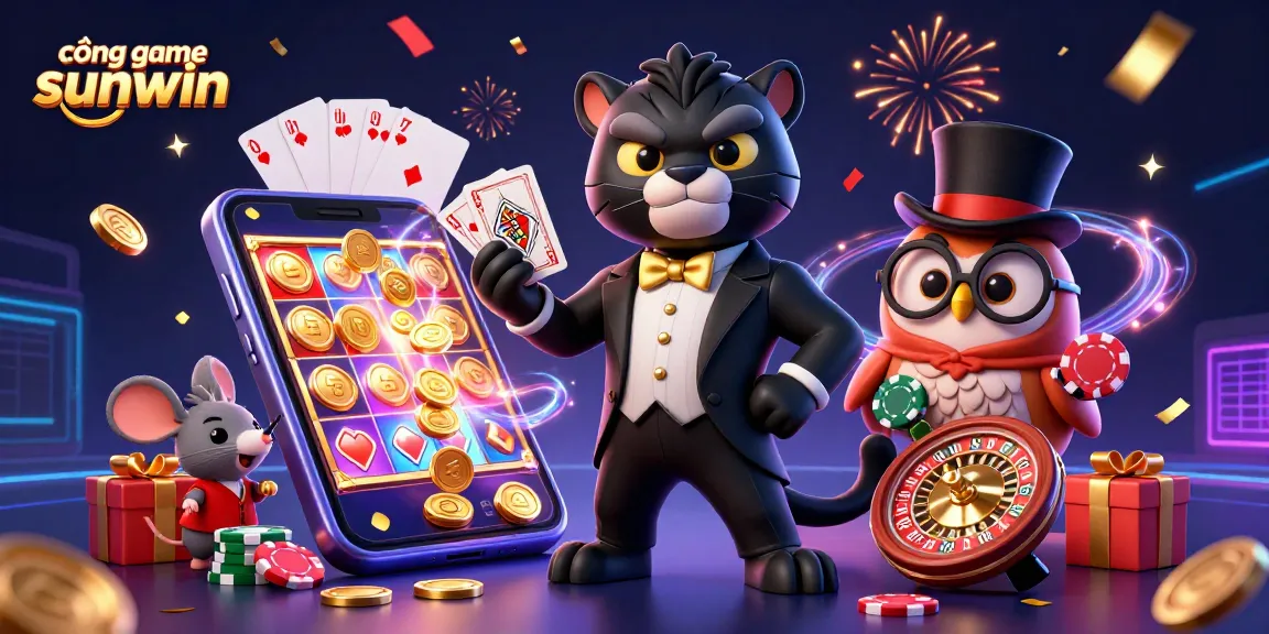 Engage with cổng game sunwin featuring a chic black panther dealing cards, an owl with poker chips, and a lucky mouse.