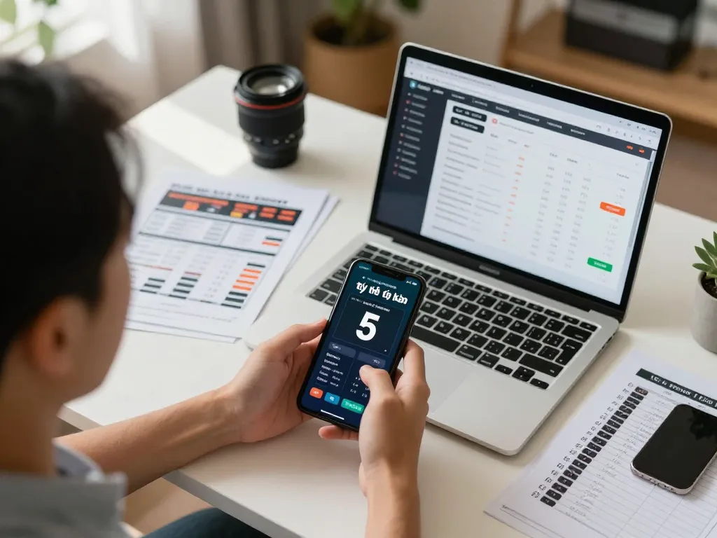 Engaged in online betting, displaying tỷ lệ kèo nhà cái 5 on smartphone in a lively home office.
