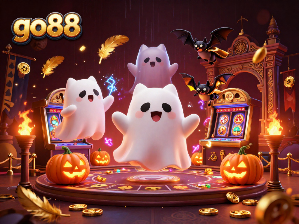 Experience go88 excitement with a ghost cat and bat in a haunted casino adventure.