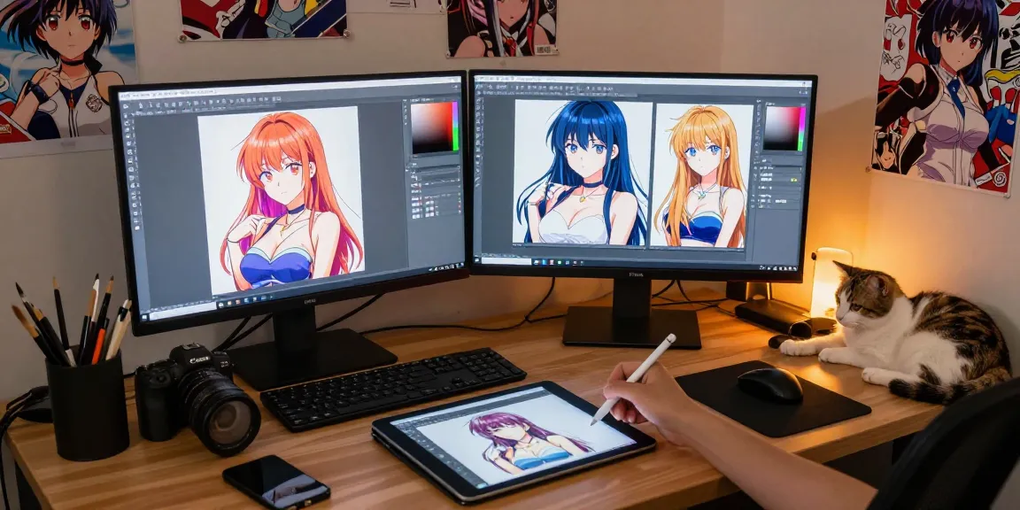 Creating stunning AI ecchi artwork in a cozy artist's workspace.