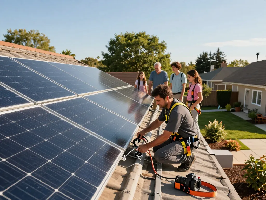 High-efficiency solar modules being installed on a residential roof, showcasing sustainable energy transition.