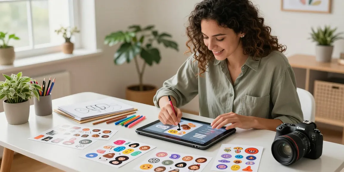 Youth customizing vibrant custom stickers in a bright e-commerce workspace.
