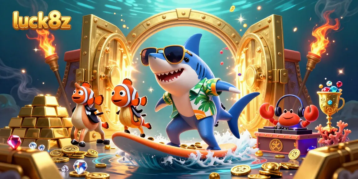 Experience excitement with luck8z as a shark surfs gold coins alongside casino-themed characters.
