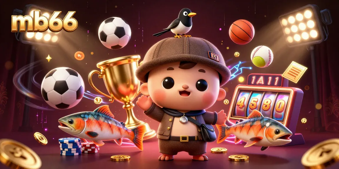 Bet on mb66 with vibrant 3D cartoon characters and dynamic casino elements in a rich illustration.