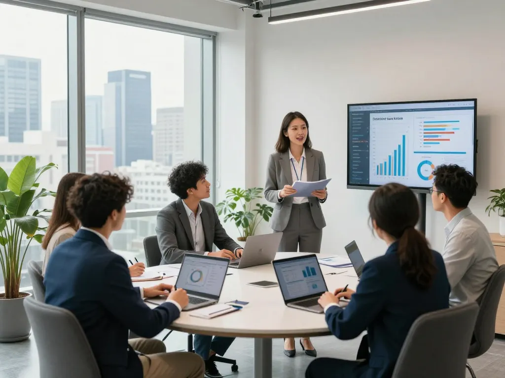 Diverse team in a modern office discussing effective search firms strategies and data analytics during a meeting.