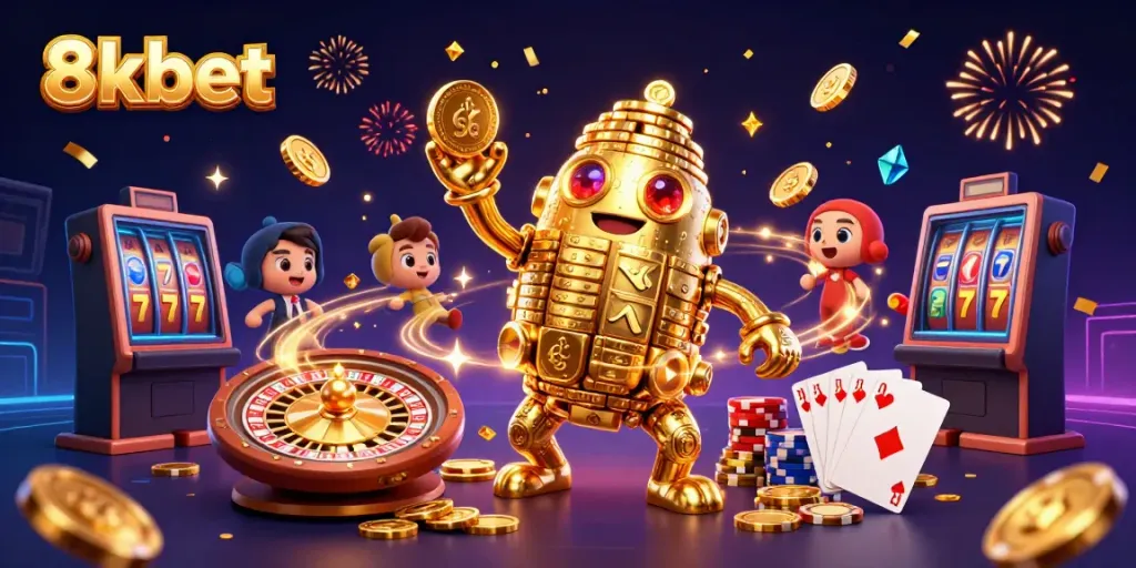 Experience thrilling gameplay with 8xbet, featuring vibrant golden golem and captivating casino elements.